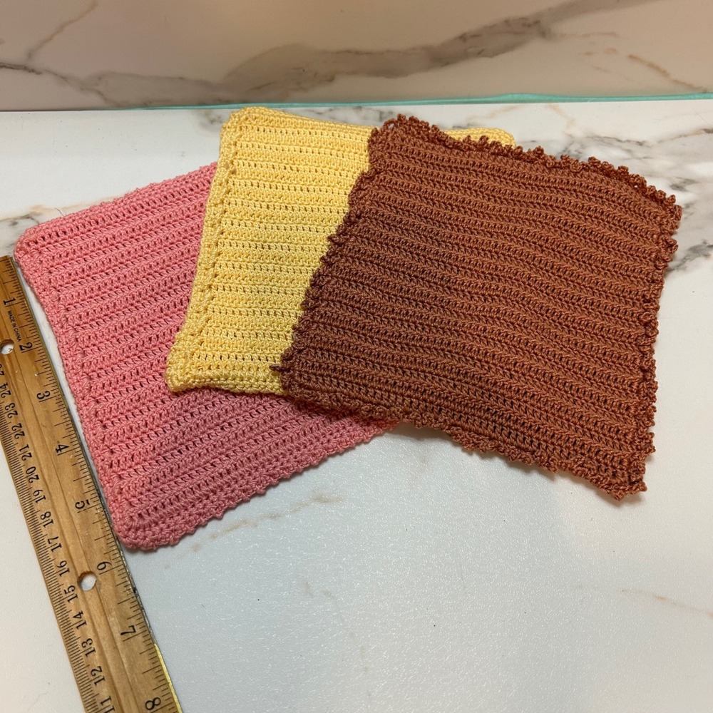 Handmade Crochet Dishcloth Set of 3 Pink Yellow Brown Square Kitchen Washcloths